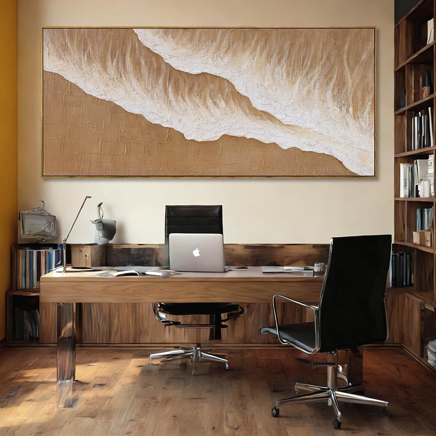 Beige Cream Neutral Abstract Wall Art, 32X70 Inch Large Framed Canvas Wall Art, Modern Horizontal Printed Artwork with Wooden Frame for Living Room