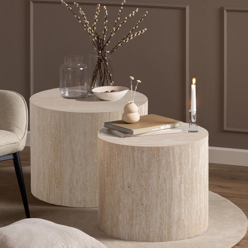 18" round Travertine Nesting Coffee Table Set of 2 (Travertine) | for Living Room, Travertine Side End Table, Nested Design, Mid Century Modern Circular Style, Non-Slip Pads, for Small Spaces