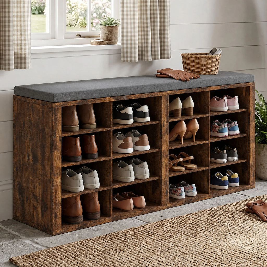 Shoe Storage Bench with Cushion 16 Cubby Shoe Rack Multifunctional Shoe Organizer Bench for Entryway Hallway Living Room Bedroom