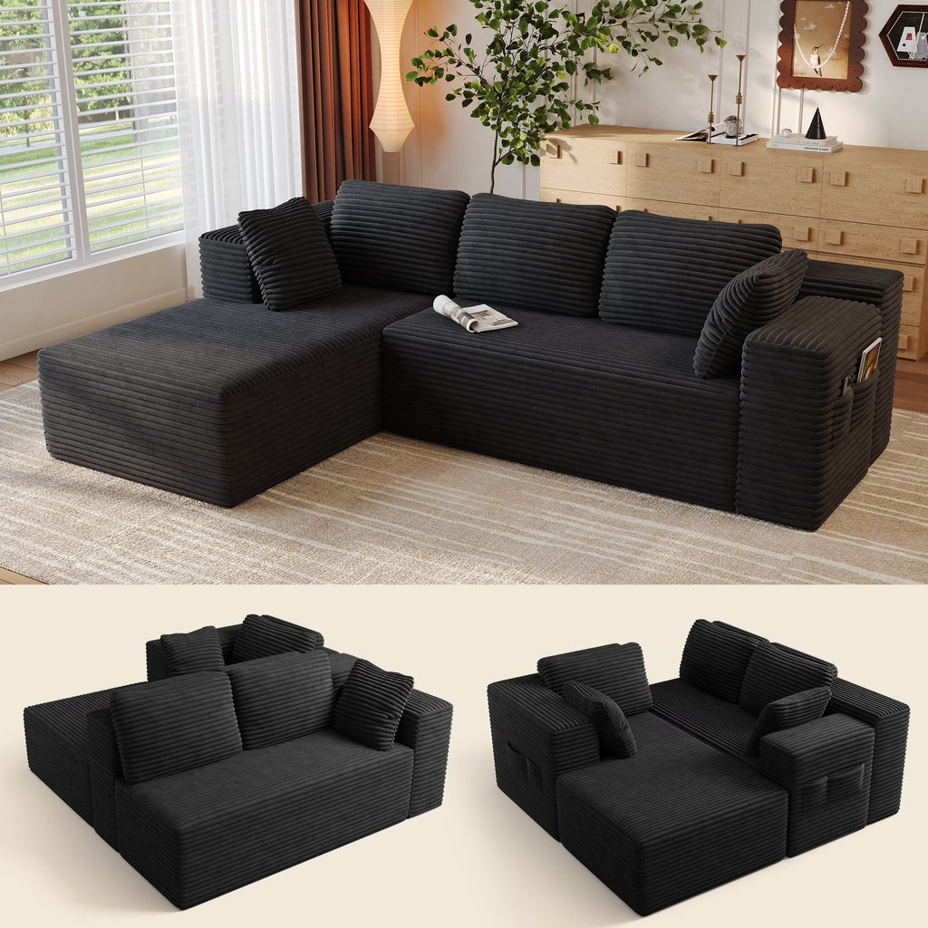 Sofa,  105" L-Shaped Sectional Couch for Living Room, High-Resilience Foam & Premium Corduroy Fabric, Free Assembly, Black
