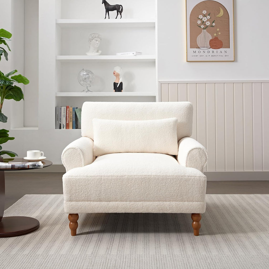Accent Chair, Boucle Club Chair, Upholstered Lounge Chair, Large Size Armchair Roman Column Legs, Cozy Reading Single Sofa Chair for Living Room, Bedroom, Home Study, White