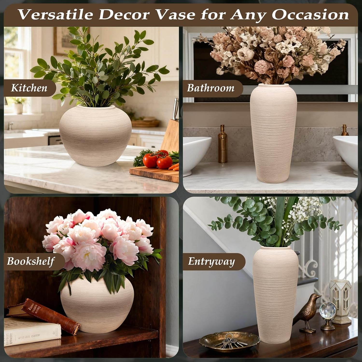 Tall Ceramic Vase 12 Inch Neutral Textured Vase,Cream Vase for Home Decor | Farmhouse Tall Ceramic Flower Vase for Dining Table,Living Room,Kitchen,Bedroom,Entryway,Christmas Gift