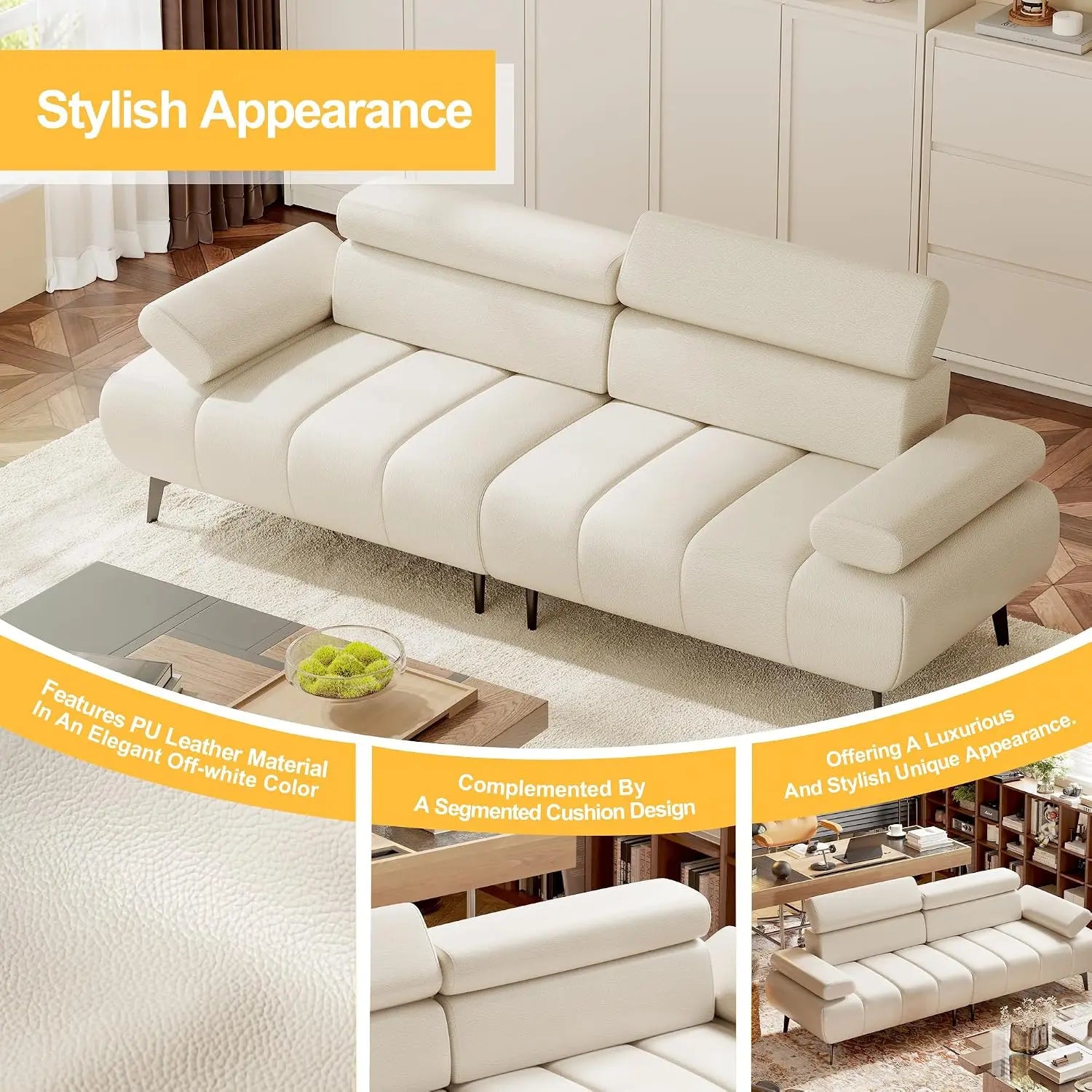 3 Seater Sofa Bed, Convertible Futon Sleeper Sofa with Reclining Faux Leather Couch, Split Modular Design, Adjustable Armrests & Headrests