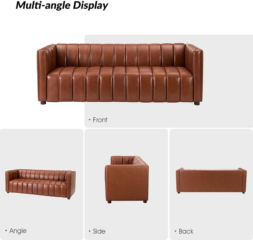 83" Genuine Leather Sofa with Channel Tufted Design, Brown | Modern 3-Seater Couch with Wood Legs, Supportive Seating, Easy Assembly, for Living Room Bedroom Apartment