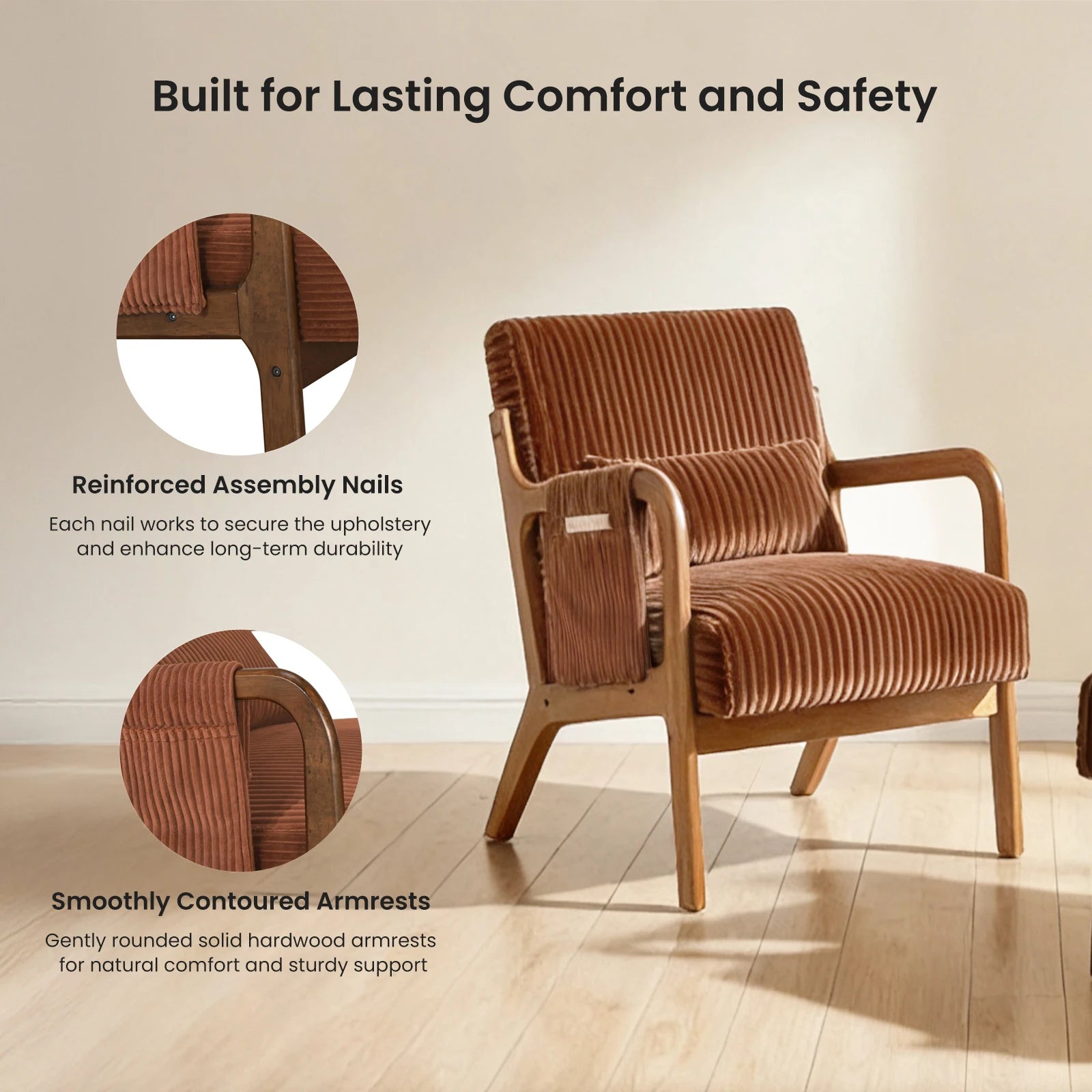 Mid-Century Solid Wood Frame Office Chair Ergonomic Armchair with Lumbar Pillow High Backrest Heavy Capacity for Office
