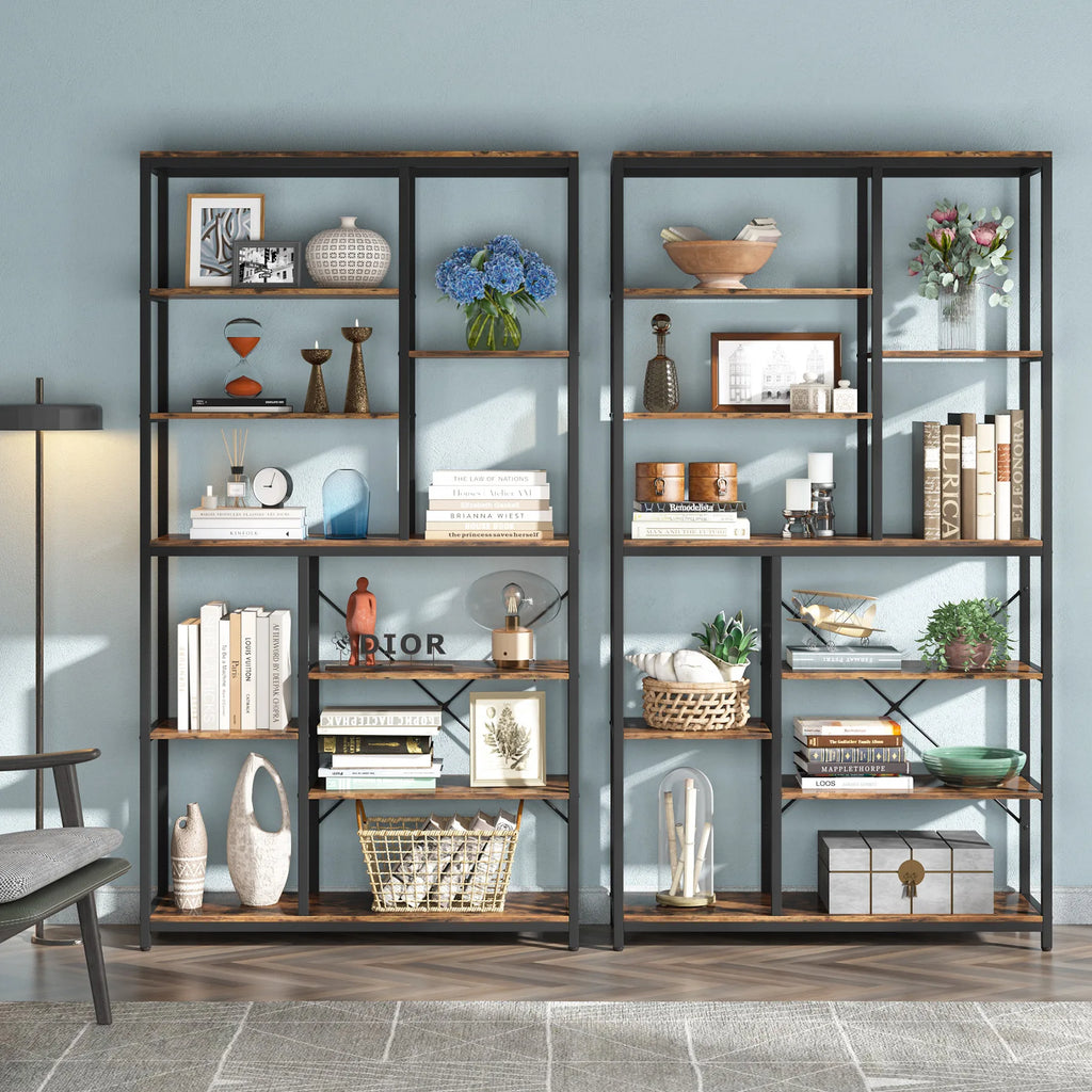 79 Inches Bookcase with Open Shelves, 9-Tier Industrial Bookshelf, 10 Cubes Etagere Storage Shelves Display Shelf