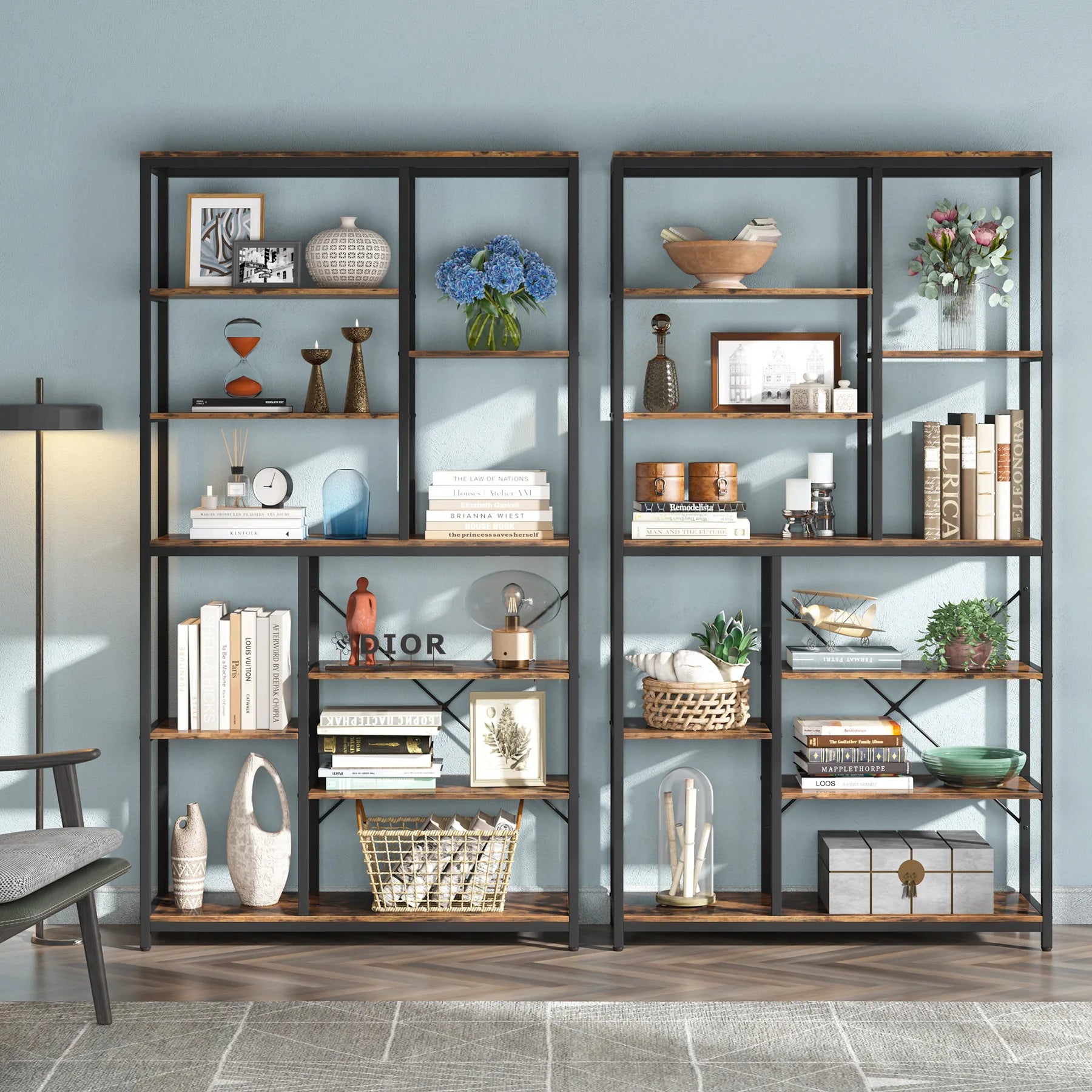 79 Inches Bookcase with Open Shelves, 9-Tier Industrial Bookshelf, 10 Cubes Etagere Storage Shelves Display Shelf