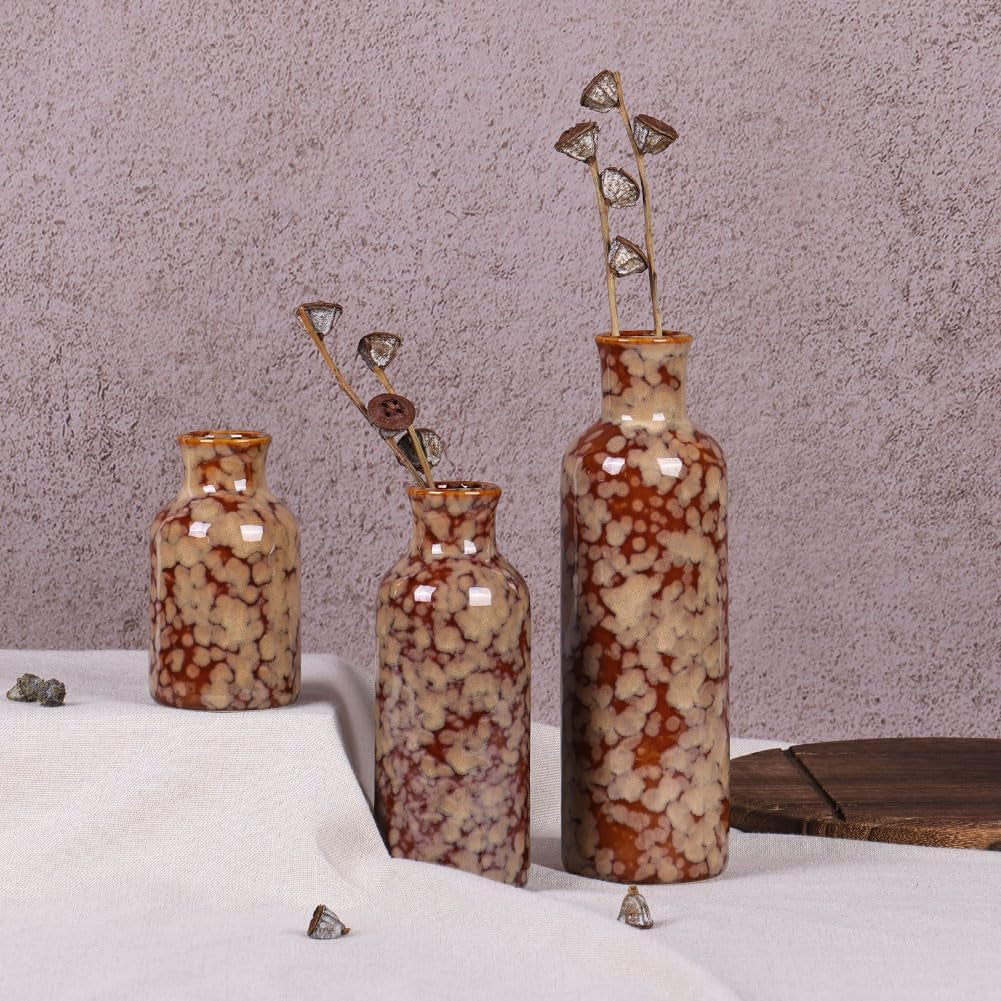 Ceramic Vase Set - 3 Crack Brown Small Vases, Farmhouse Country Flower Vase Home Decor, Living Room Decoration, Table Decoration, Fireplace Decor, and Entrance Decorations Centerpieces
