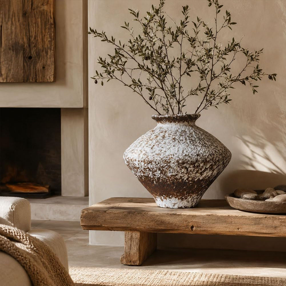 Wabi Sabi Rusty Vintage Vase, 11.4" Tall Wabi Sabi Decor Rustic Farmhouse Pottery Vase for Centerpiece, Textured Pottery Flower Vases for Home Decorative, Table, Living Room (Rusty White, Large)