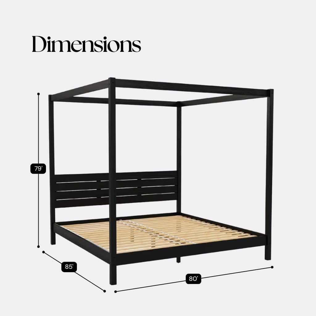 Solid Pine Canopy Bed Frame, King — Matte Black Painted Finish | No Box Spring Needed • Fsc-Certified Pine • Supports up to 560 Lbs • Slatted Headboard, No Box Spring Needed
