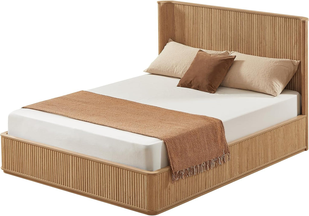 Queen Bed Frame with 44" Tall Fluted Headboard, Natural Oak Platform Bed Frame, Modern Wood Bed Frame with Solid Slats, No Box Spring Needed, Noise-Free, Easy Assembly