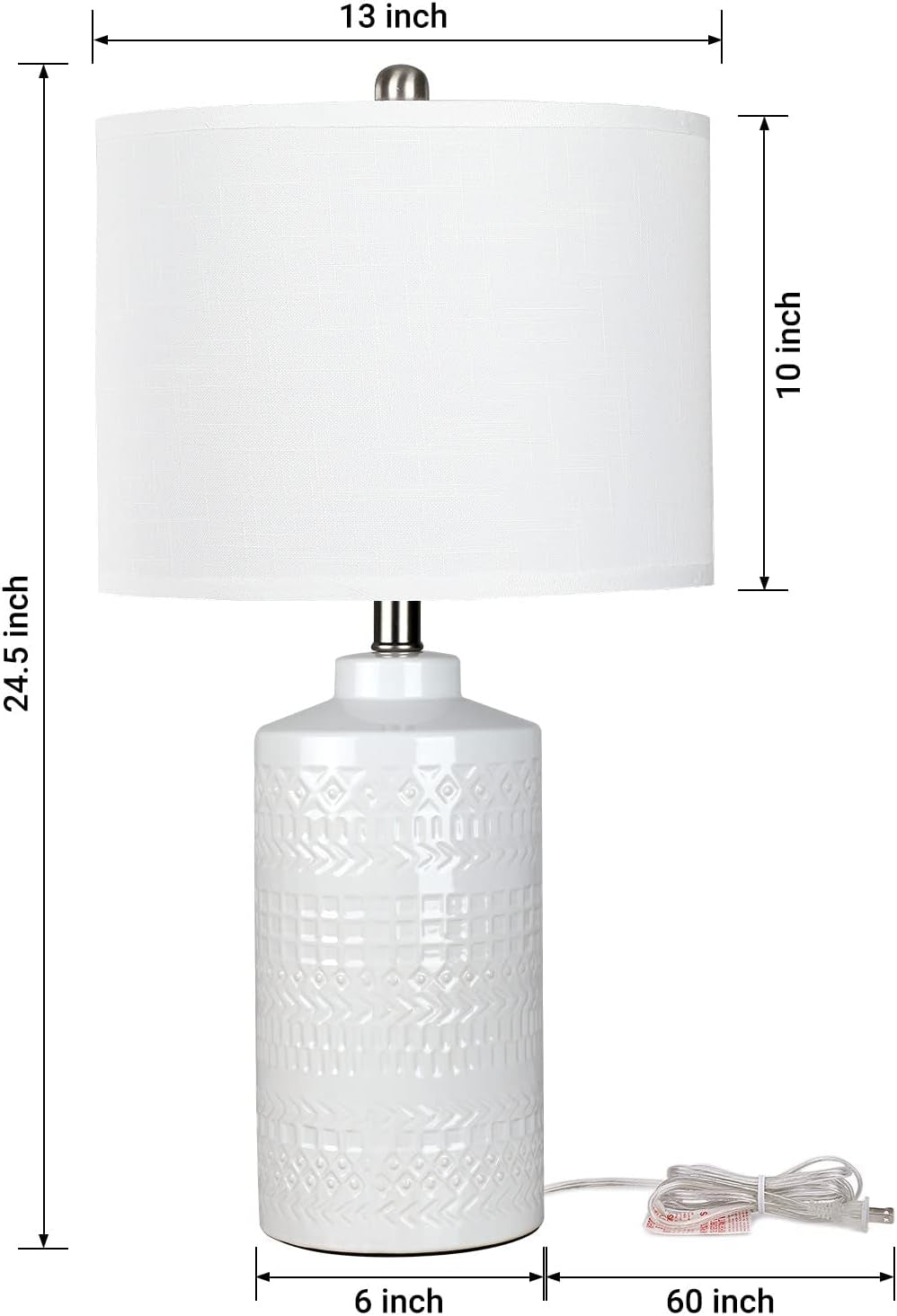 24.5" White Ceramic Table Lamp 3-Way Dimmable Nightstand with White Linen Shade Bedside Lamp for Bedrooms & Living Room Office Reading(Bulb Included)
