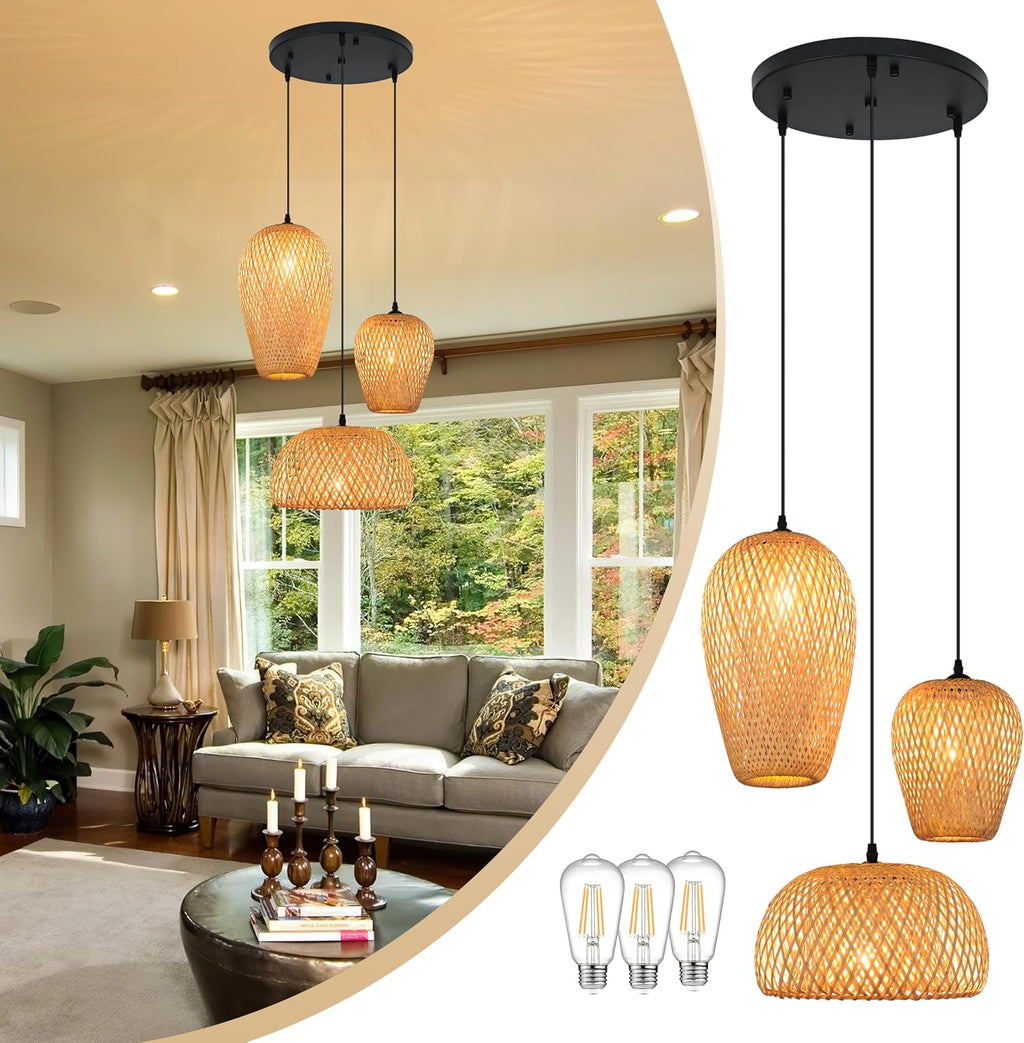 3-Light Rattan Pendant Light Rattan Chandelier Light Fixture Boho Chandelier Light Fixture Hand-Woven Bamboo Chandeliers 3-Light Bamboo Pendant Light for Living Room Dining Room (Bulb Incl.)