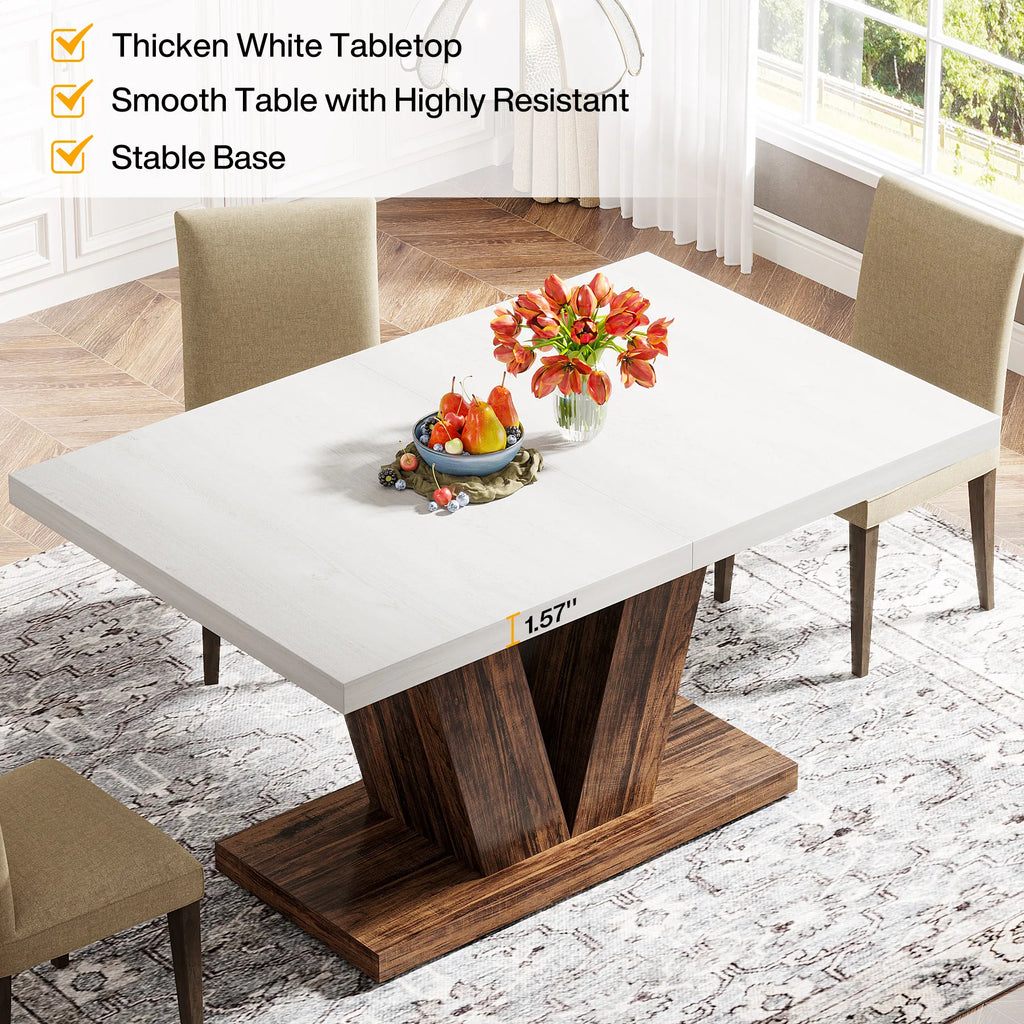 47-Inch Dining Table for 4-6, White Kitchen Dinner Table with Heavy Duty Pedestal, Farmhouse Wooden Eating Table