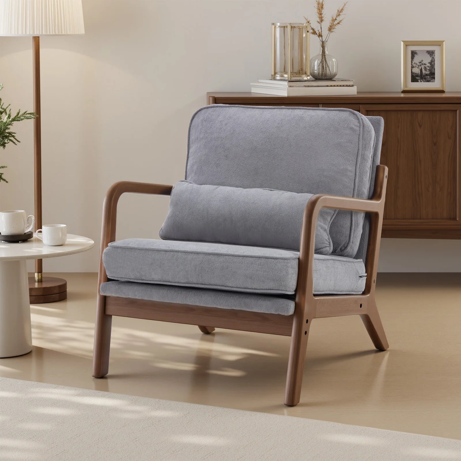 Mid Century Modern Chair Solid Wooden Frame Accent Chair with Arms and Waist Cushion Reading Chairs for Adults Lounge Chair
