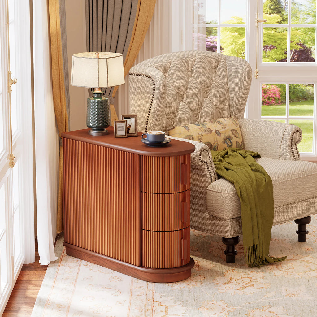 Solid Wood End Table, 3-Drawer Modern Sofa Side Table, No Assembly Required, Narrow Chair Side Table Slim Nightstand