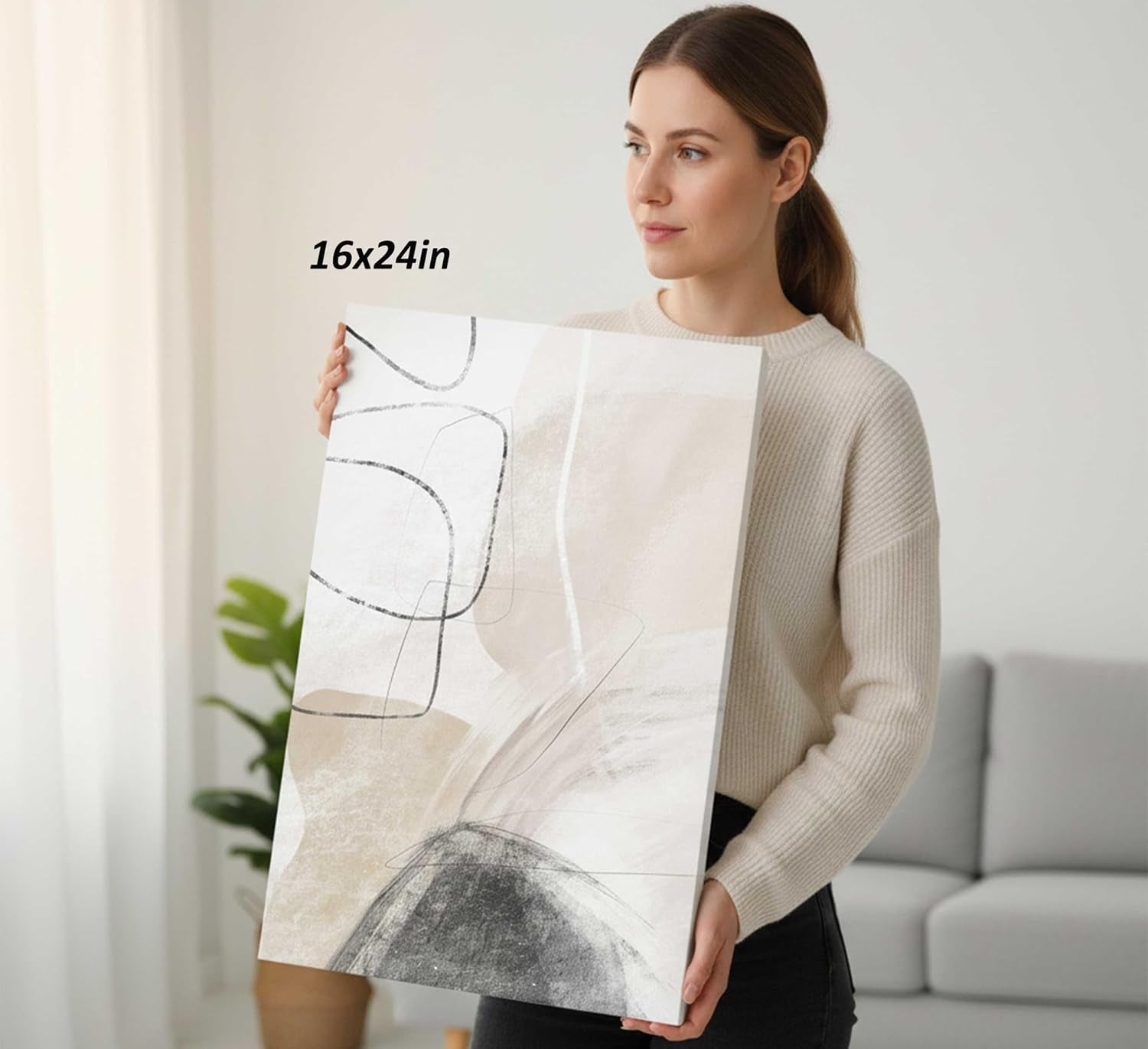 3Pcs Modern Abstract Canvas Wall Art | Neutral Minimalist Boho Beige and Black Grey Geometric Line Nordic Picture Wall Decor Poster Print Artwork for Living Room