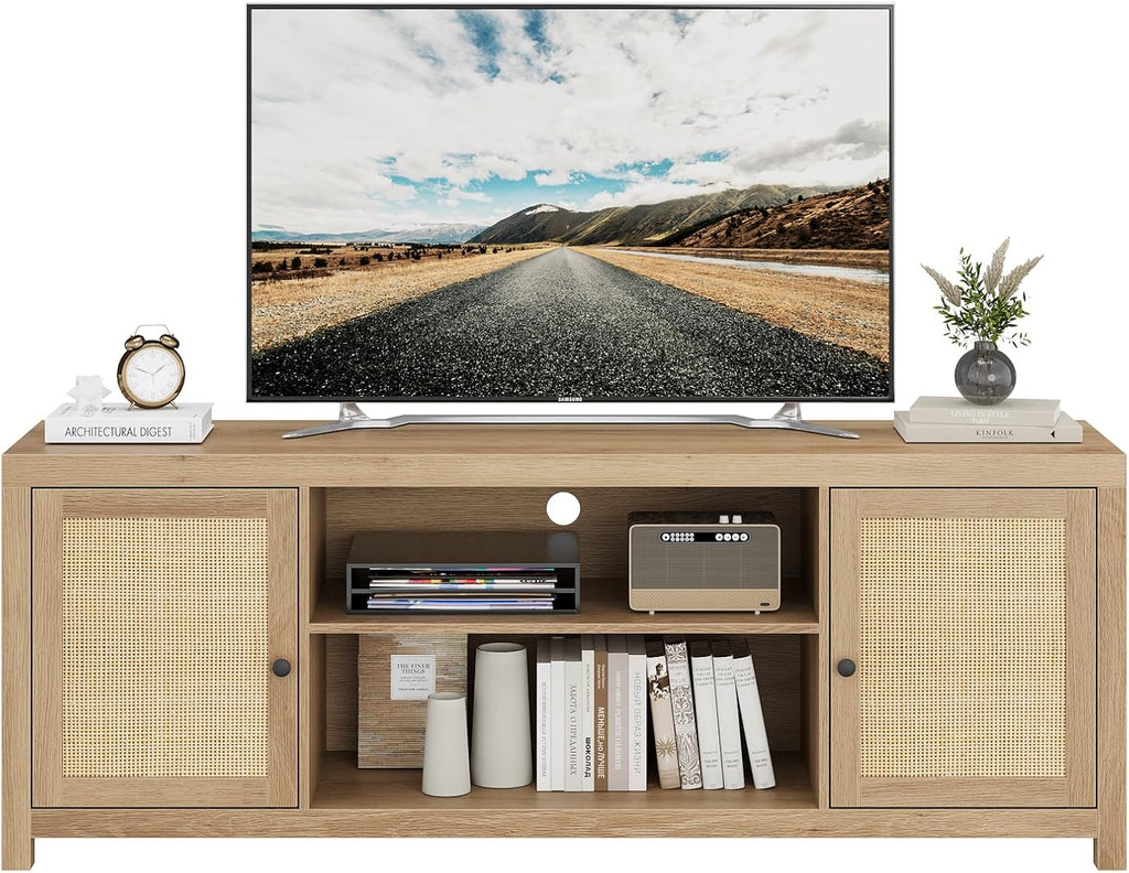 Natural oak boho rattan media console