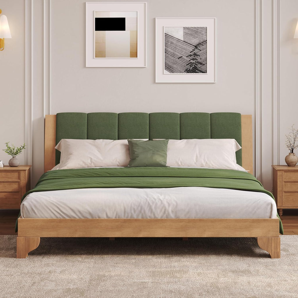 King Size Pine Wood Bed Frame with Headboard, Mid Century Modern Solid Wood Platform Bed Frame King, No Box Spring Needed, Green+Natural