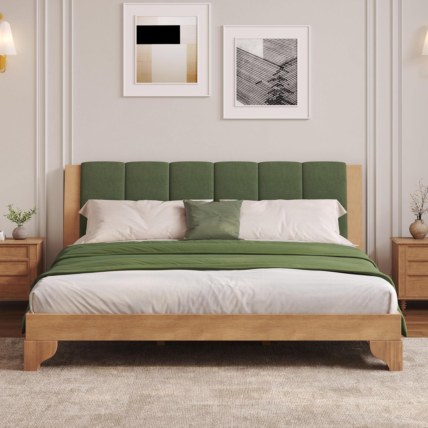 King Size Pine Wood Bed Frame with Headboard, Mid Century Modern Solid Wood Platform Bed Frame King, No Box Spring Needed, Green+Natural