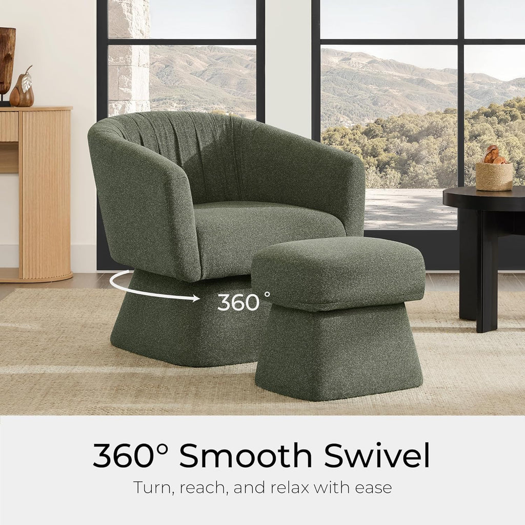 Swivel Accent Chair with Ottoman, Upholstered Barrel Accent Chair, Modern Accent Chair with Pleated Backrest and Arms, Boucle Armchair for Living Room Bedroom, Green
