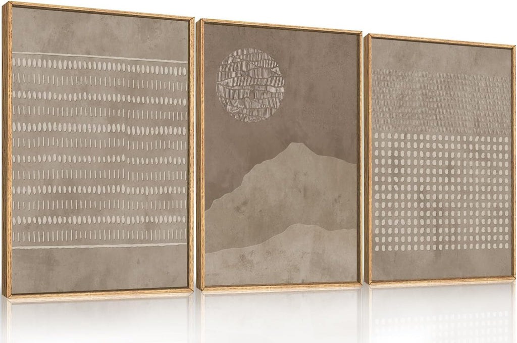 Large Mid Century Tan Beige Framed Canvas Wall Art Set-16"X24"X3 | Neutral Geometric Lines Dots Shapes Wall Decor,Abstract Boho Sunset and Mountain Artwork for Living Room,Bedroom,Office