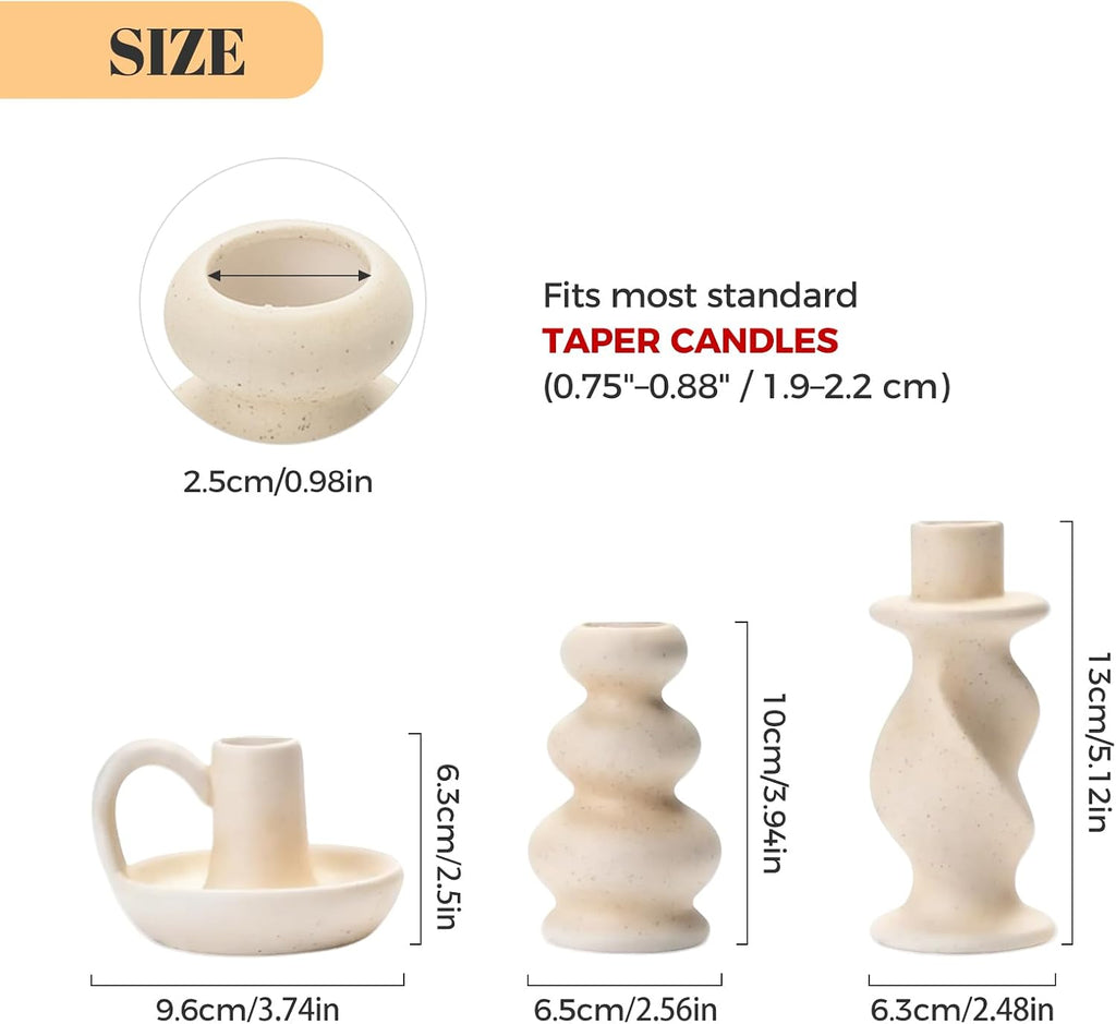 Ceramic Taper Candle Holders, Nordic Candlestick Holder Set of 3 | Cream White Modern Decorative Candle Stand for Home Decor, Dining Table Centerpiece, Housewarming Gift