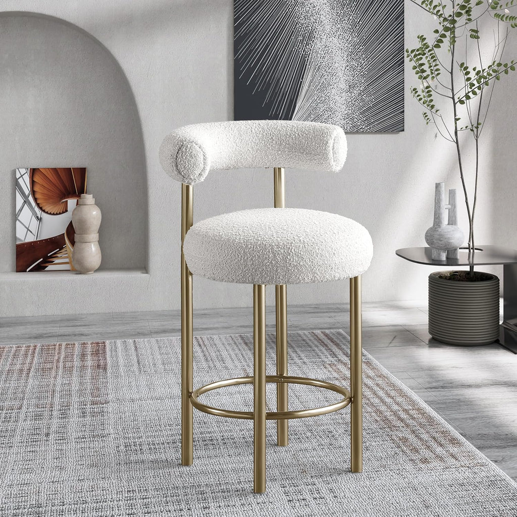 Meridian Furniture 547Cream-C Bordeaux Collection Modern | Contemporary Boucle Fabric Stool, Rich Cream Boucle Fabric, Brushed Brass Finish, Iron Metal Frame, 23" W X 22" D X 35.5" H, Cream, Set of 2