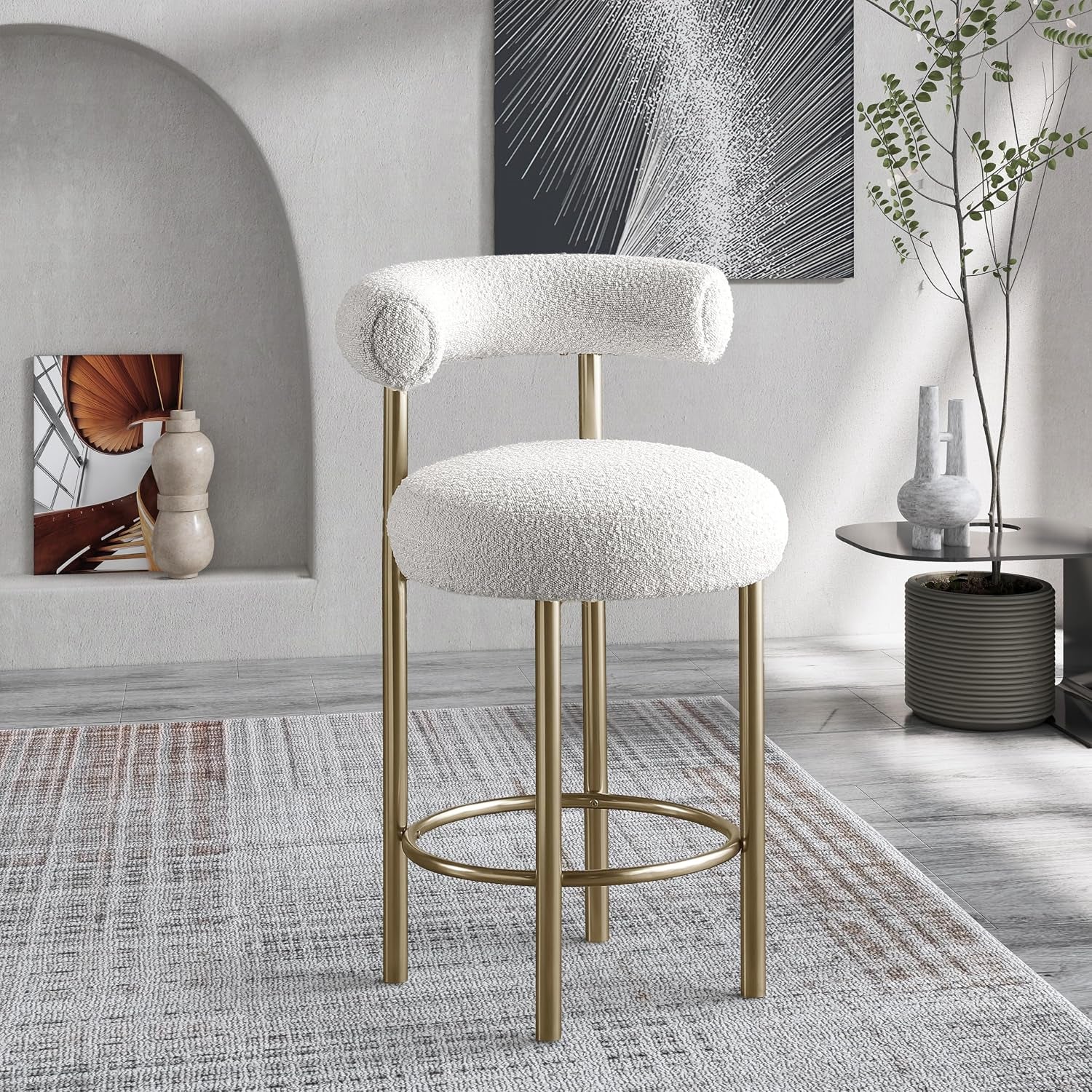 Meridian Furniture 547Cream-C Bordeaux Collection Modern | Contemporary Boucle Fabric Stool, Rich Cream Boucle Fabric, Brushed Brass Finish, Iron Metal Frame, 23" W X 22" D X 35.5" H, Cream, Set of 2