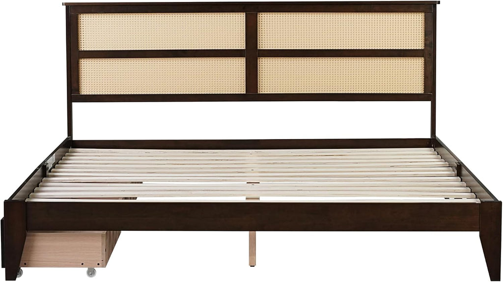 King Size Wood Platform Bed Frame with Rattan Headboard, 2 Storage Drawers, Modern Style Bed with Solid Wooden Slats, Easy Assembly, No Box Spring Required, for Bedroom, Guest Room, Espresso