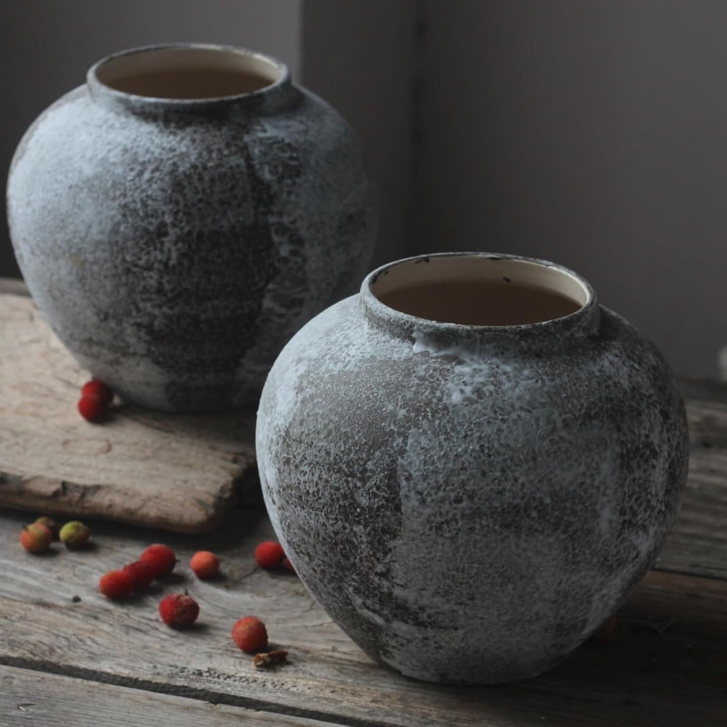 8.6" Large Rustic Distressed Ceramic Vase Farmhouse Home Decor Vases | round Wide Mouth Terracotta Minimalist Vintage Clay Stone Texture Decorative Vase for Coffee Table Centerpiece Living Room