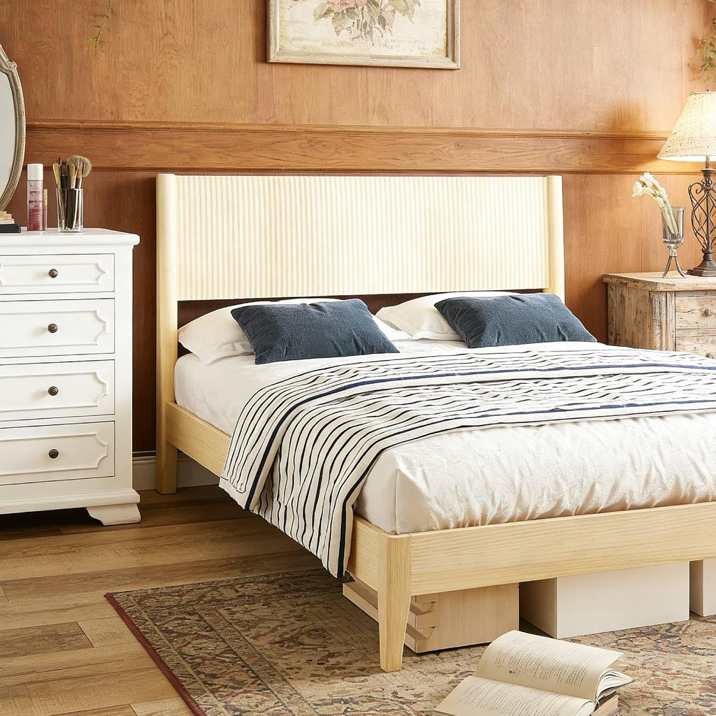King Bed Frame with Fluted Headboard, Solid Wood Platform Bed with Slat Support,Boho Bedroom Furniture,Natural Wood