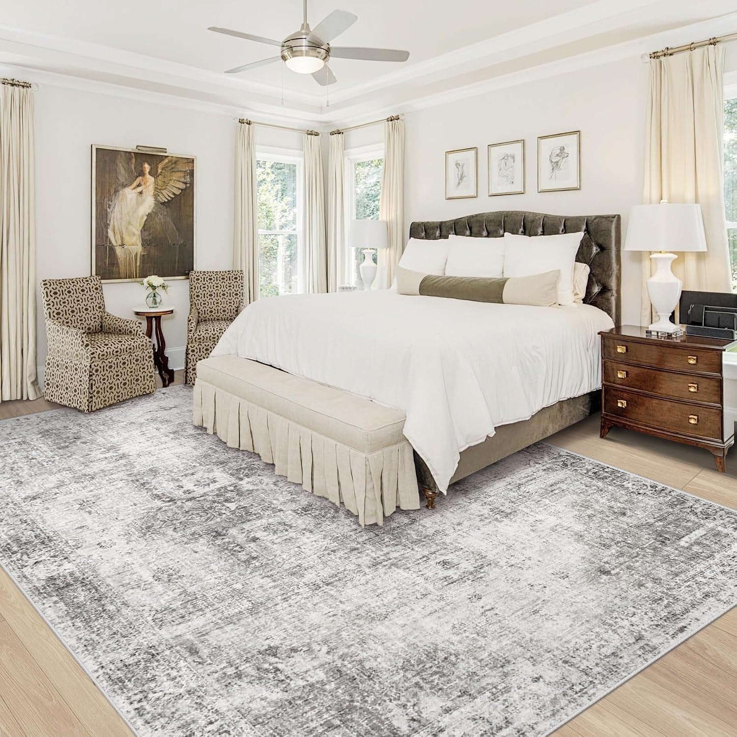 Area Rug 8X10 Washable Rug, Vintage Boho Medallion Rugs Non-Slip Soft Low Pile Large Distressed Rug Indoor Retro Carpet for Living Room Bedroom Dining Room Home Office (Grey, 8'X10')