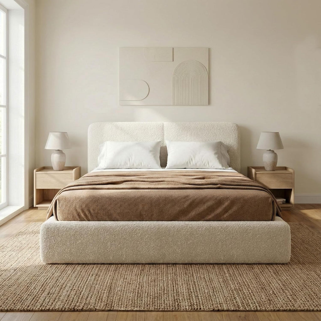 Boucle upholstered queen cloud bed frame