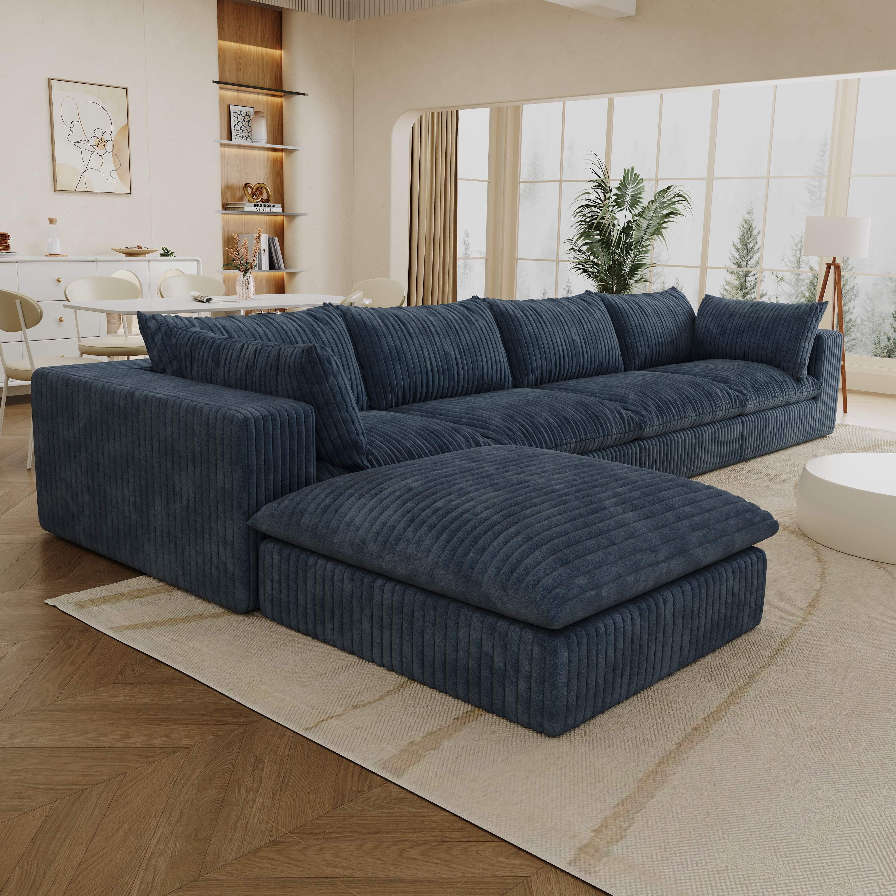 157.6” Corduroy Modular Sectional Sofa,L Shaped Sectional Sofa Couches with Movable Ottoman Chaise,Deep Seat Comfy Cloud Sofa for Living Room,Blue