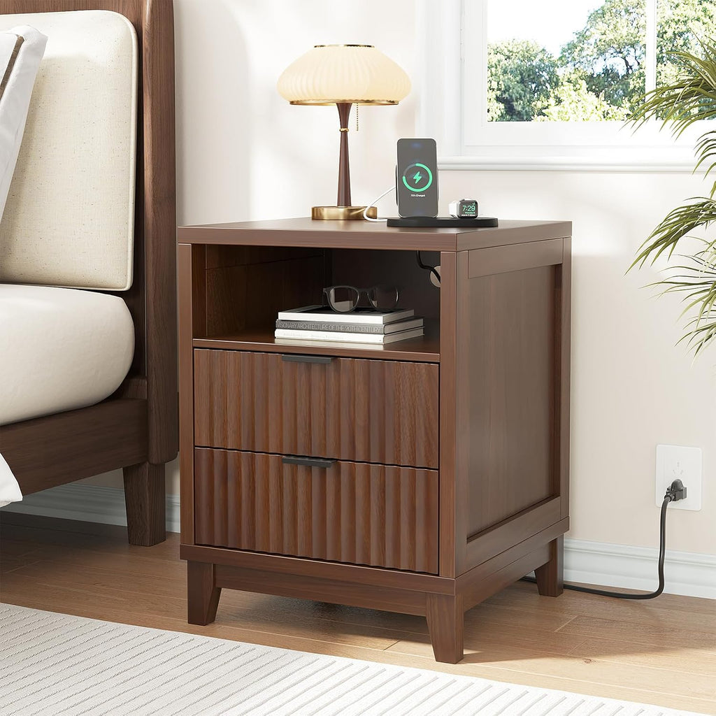 Fluted Nightstand with Charging Station, Modern Night Stand with 2 Slide Drawers and 1 Open Shelf, Walnut End Table with Metal Handles, Bedside Table for Bedroom, 17.7 X 17.7 X 23.6In