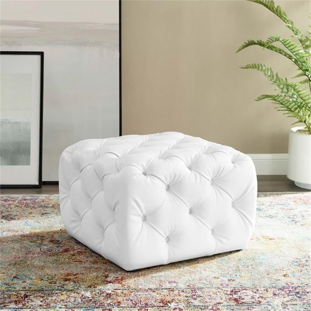 EEI-3775-WHI Anthem Tufted Button Square Faux Leather Ottoman, White