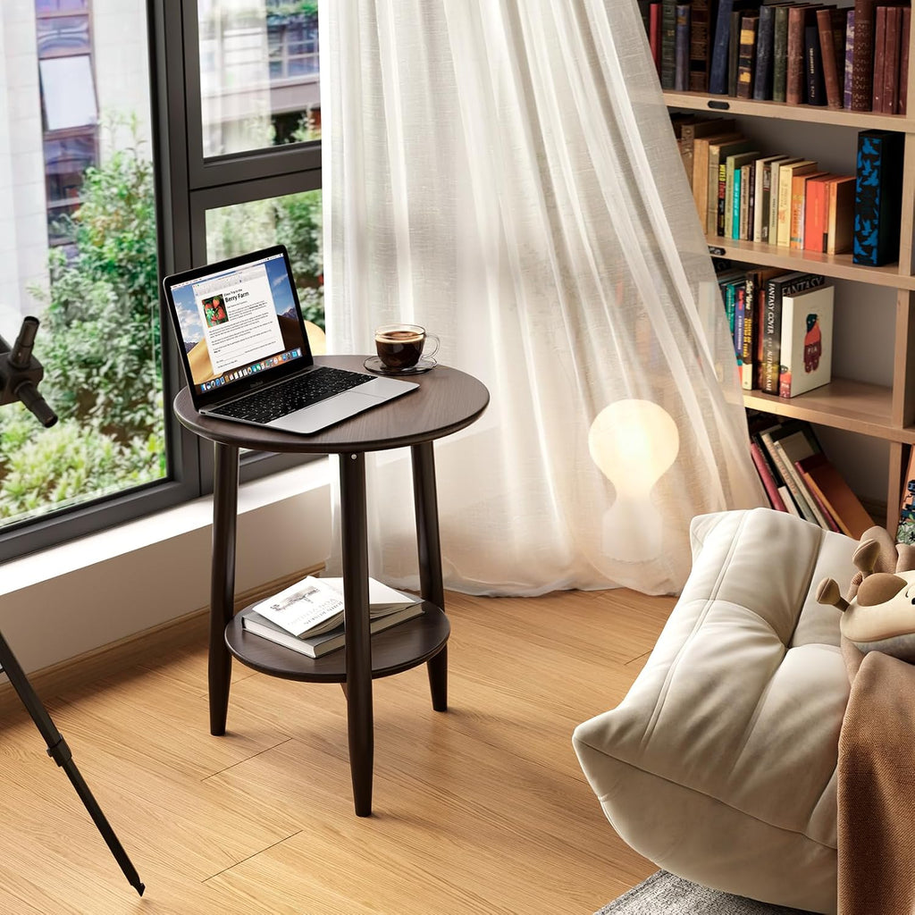 Solid Wood round End Table with Lower Shelf, round Side Table, Dark Walnut | Solid Wood round End Table with Lower Shelf for Storage,Small round Coffee Table.Fits Small Spaces in Living Room or Bedroom.