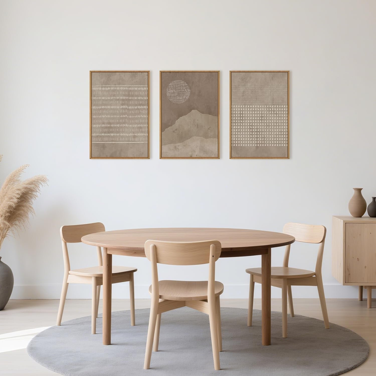 Large Mid Century Tan Beige Framed Canvas Wall Art Set-16"X24"X3 | Neutral Geometric Lines Dots Shapes Wall Decor,Abstract Boho Sunset and Mountain Artwork for Living Room,Bedroom,Office