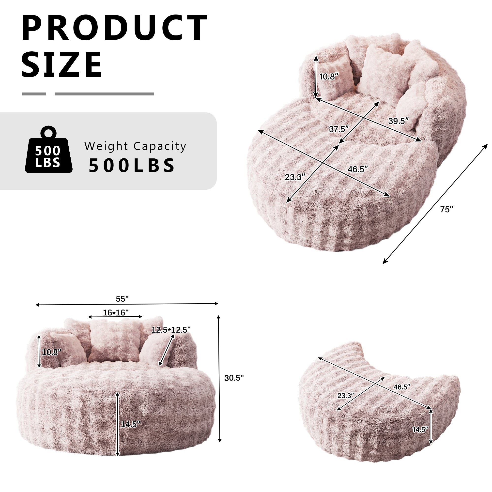 55" W Oversized Chaise Lounge Chair Indoor with Ottoman,Round Reading Sofa Couch with Thickened Backrest & 5 Pillows for Living Room,Pink