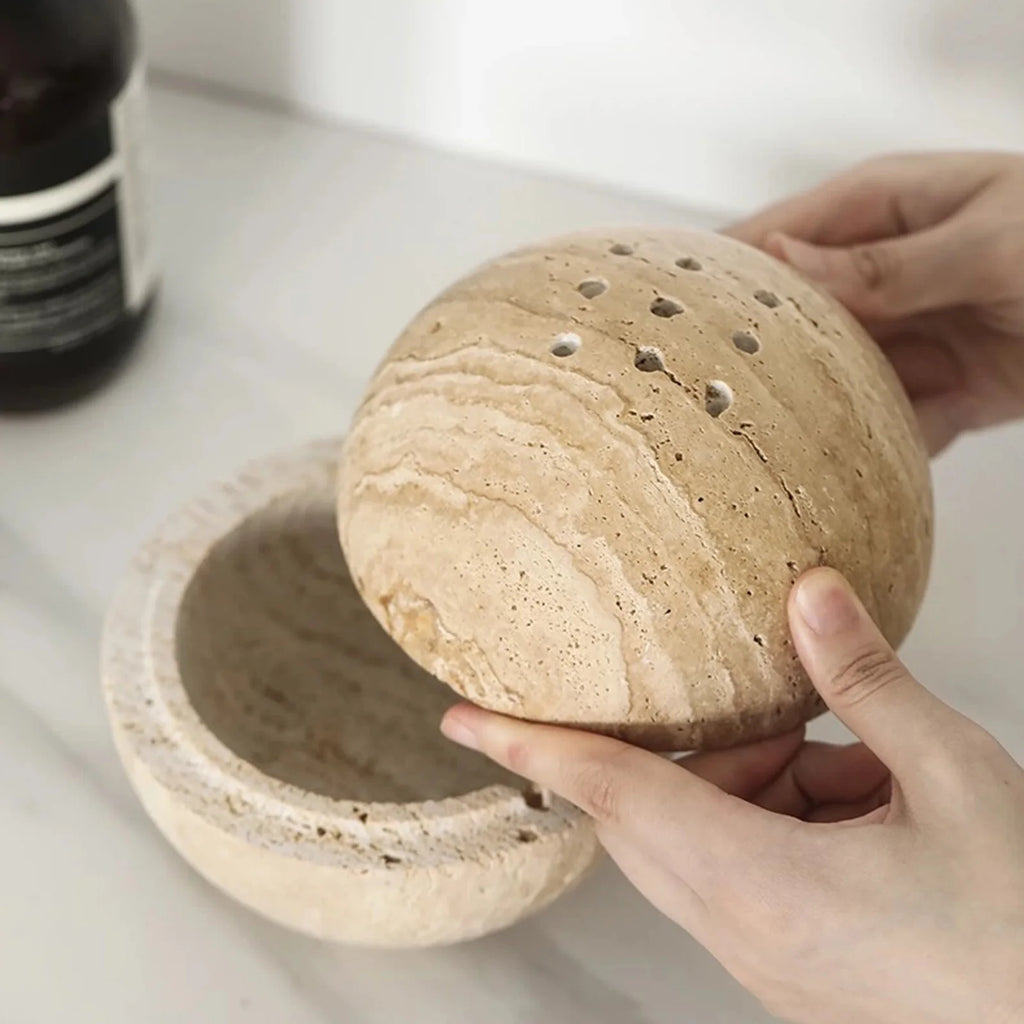 Travertine Marble Incense Burner Textured Spherical Aromatherapy Stone Bowl Frankincense Zen Decor for Meditation Spaces Home