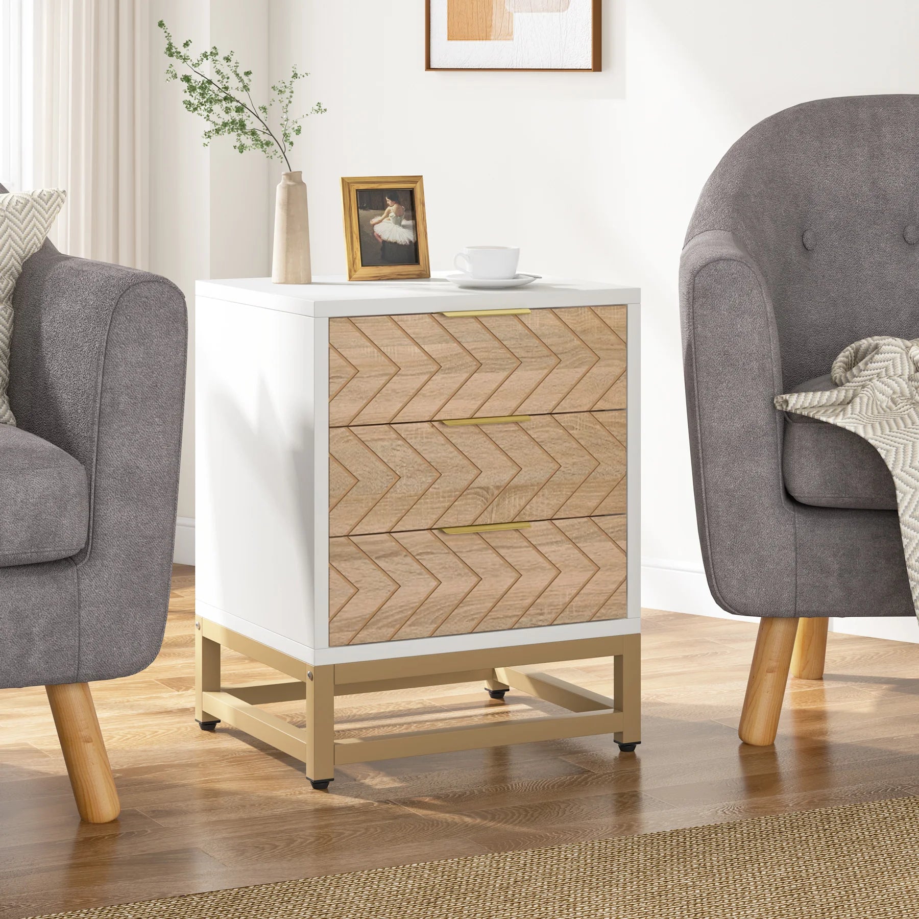 3 Drawers Nightstand Set of 2, Modern Bedside Table with Unique Chevron Design, White End Side Table Night Stands