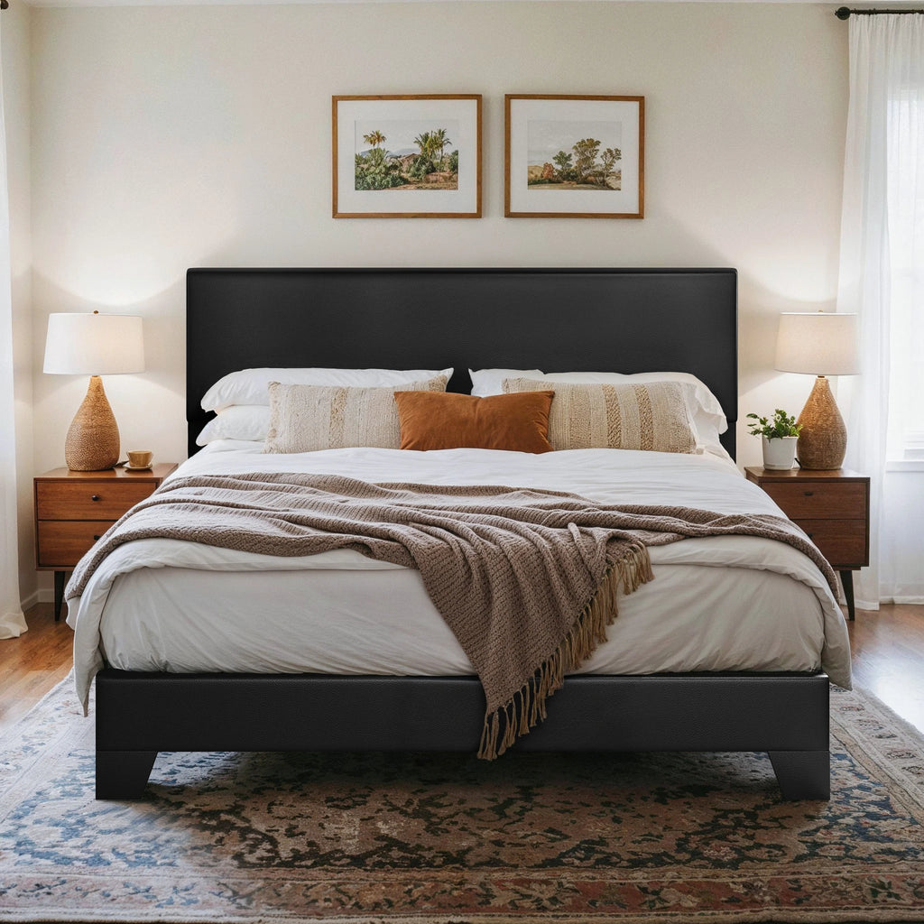 Upholstered linen bed frame with adjustable headboard