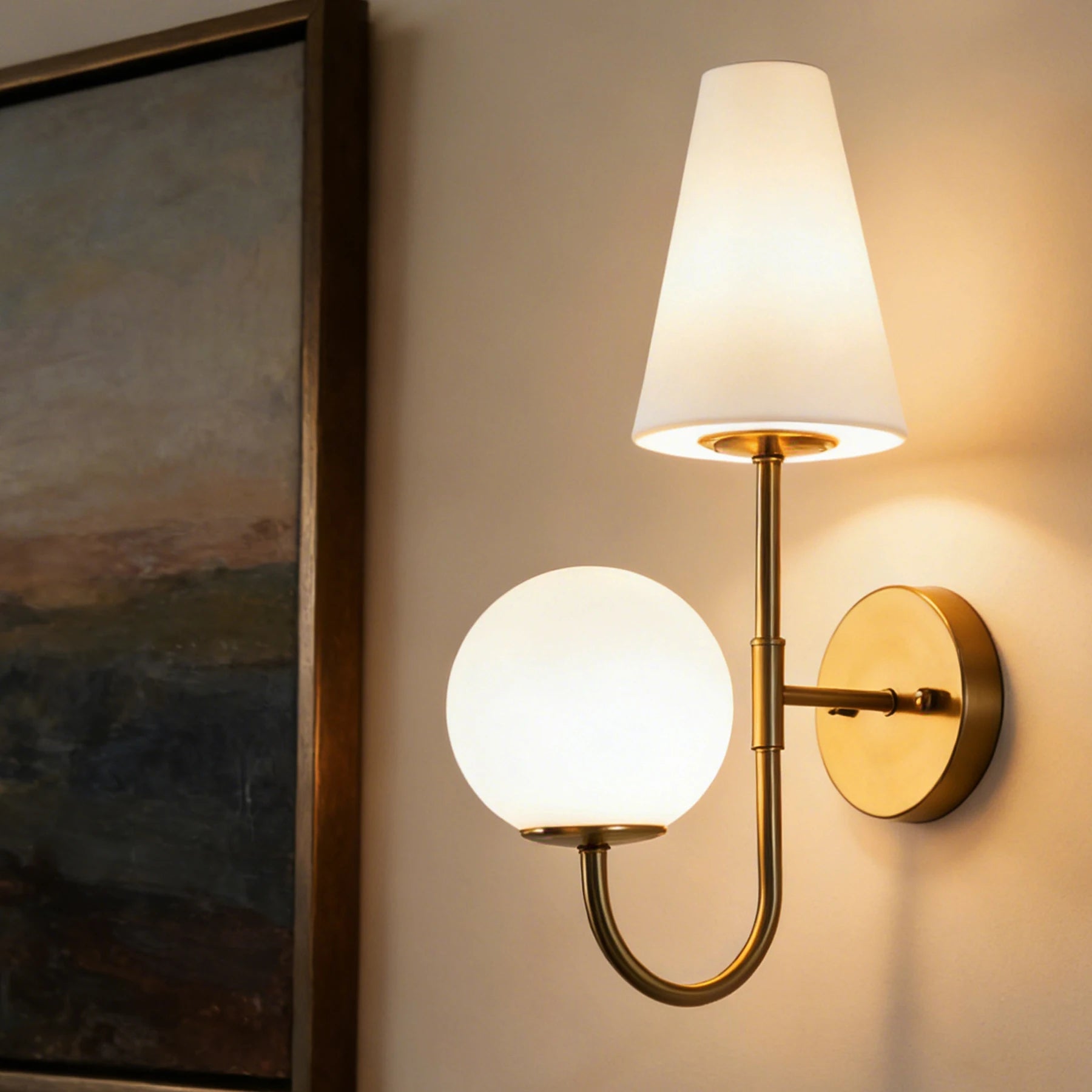 Gold Double-Headed Wall Sconce, Elegant Wall Lamp with Milky White Glass Shade, Metal Wall Light Fixtures for Bedroom