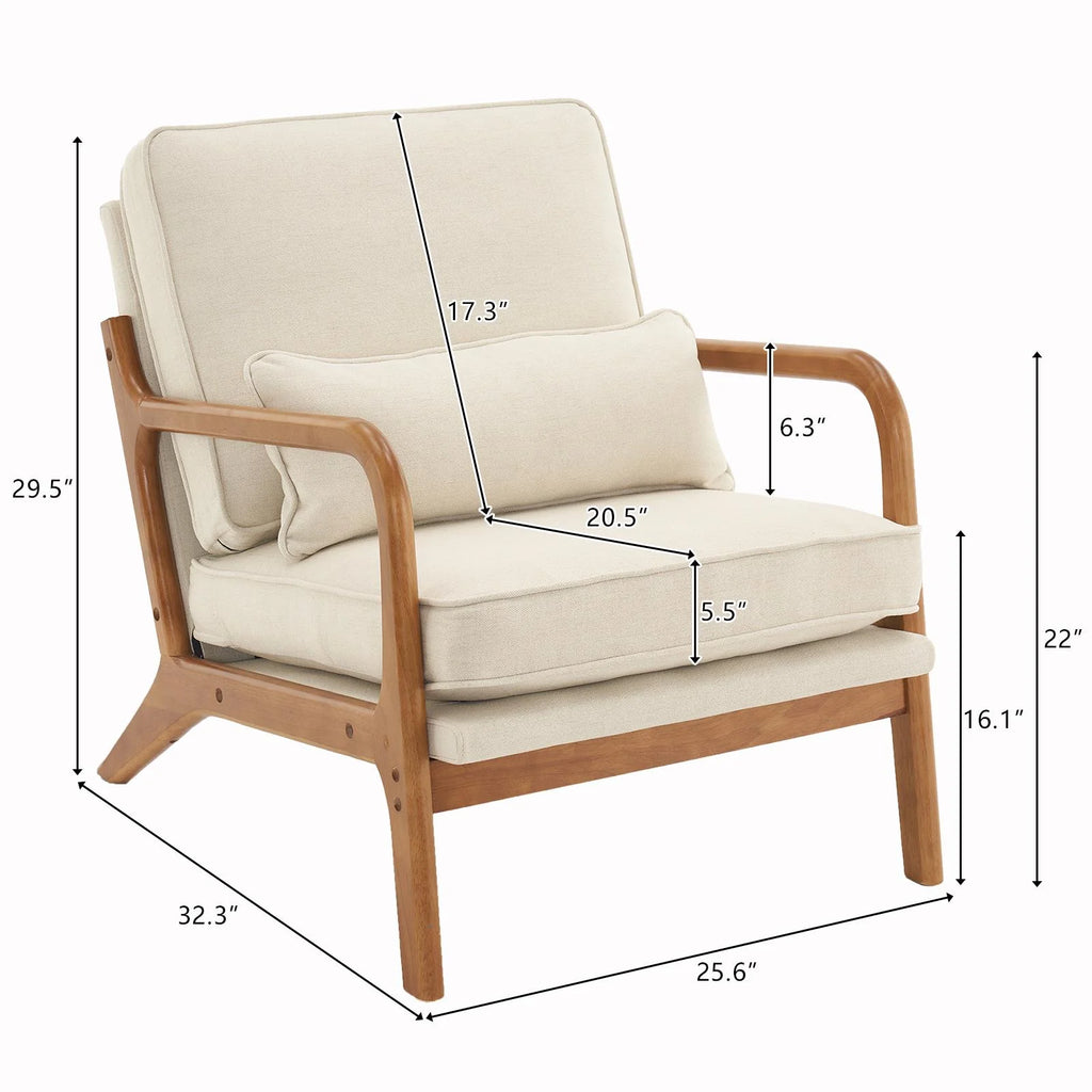 Modern Arm Chair Linen Fabric Upholstered Comfy Reading Accent Chair with Solid Wood Frame Beige