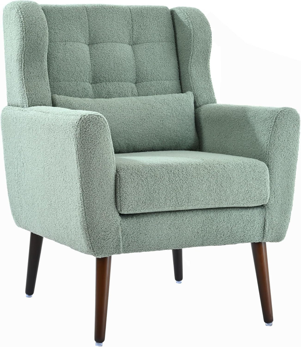 Modern Accent Chair Teddy Fabric Armchair with Pillow, Solid Wood Legs & High-Density Foam Filled, Soft Padded Lounge Chair Mid Century Reading Chair for Living Room, Bedroom, Light Green