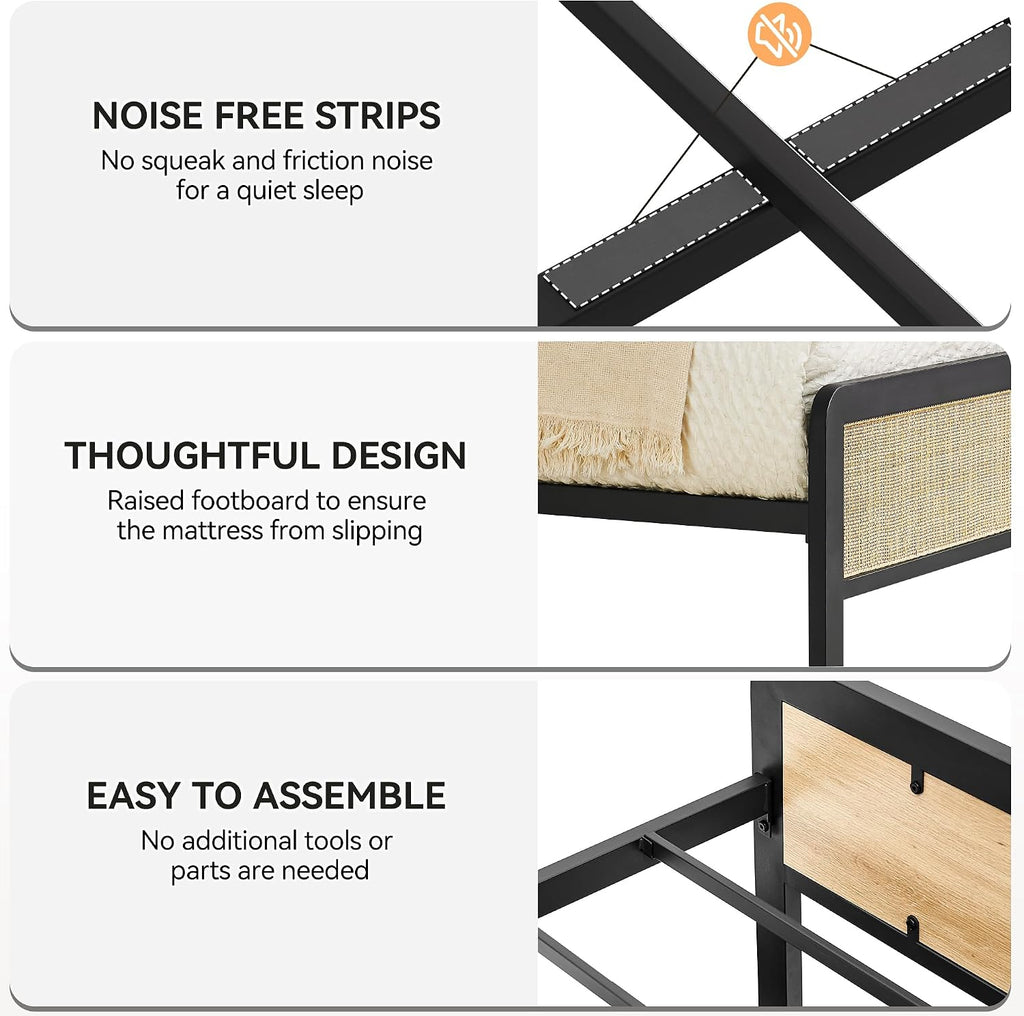 Boho Rattan Queen Size Bed Frame with Headboard & Footboard, Sturdy Black Metal Platform Bed, Natural Rattan Headboard, Under-Bed Storage, No Box Spring Needed, Noise-Free Slat