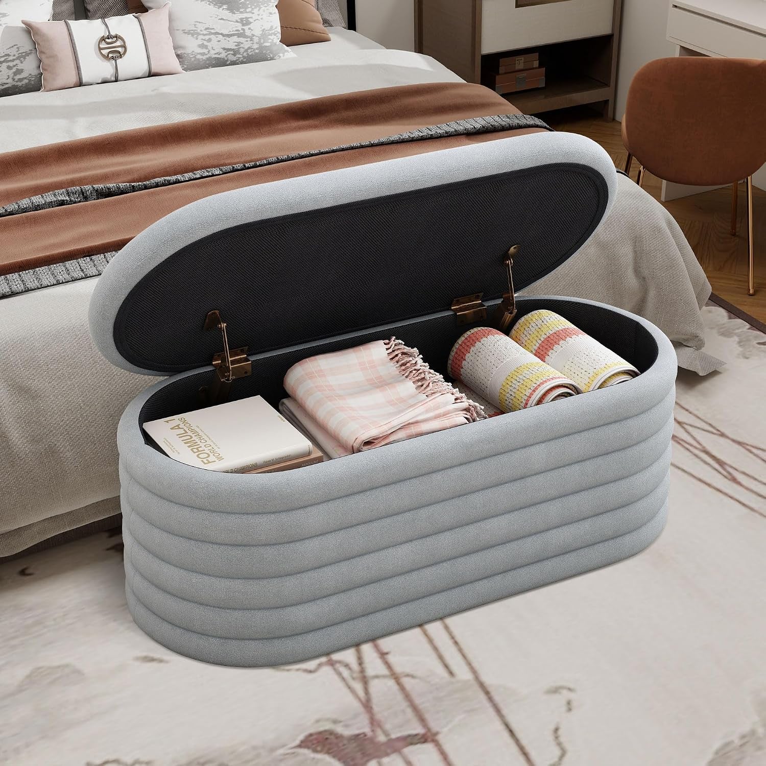 Storage Ottoman Bench,Chenille Upholstered Fabric Storage Bench for Bedroom End of Bed,Oval Ottoman with Storage & Safty Hinges,Entryway Bench for Living Room,Hallway,Front of Window,40"