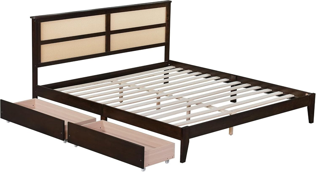 King Size Wood Platform Bed Frame with Rattan Headboard, 2 Storage Drawers, Modern Style Bed with Solid Wooden Slats, Easy Assembly, No Box Spring Required, for Bedroom, Guest Room, Espresso
