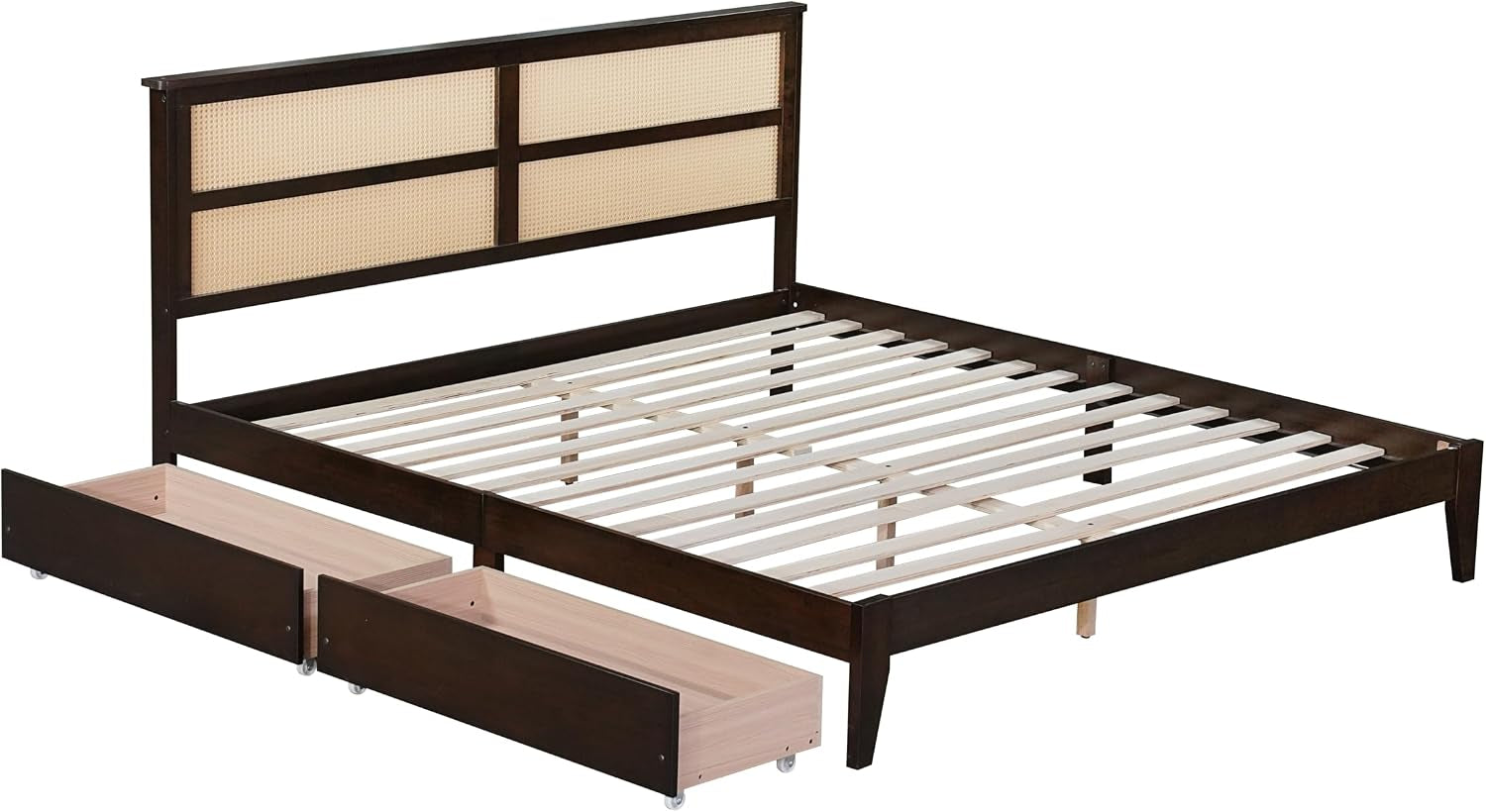 King Size Wood Platform Bed Frame with Rattan Headboard, 2 Storage Drawers, Modern Style Bed with Solid Wooden Slats, Easy Assembly, No Box Spring Required, for Bedroom, Guest Room, Espresso